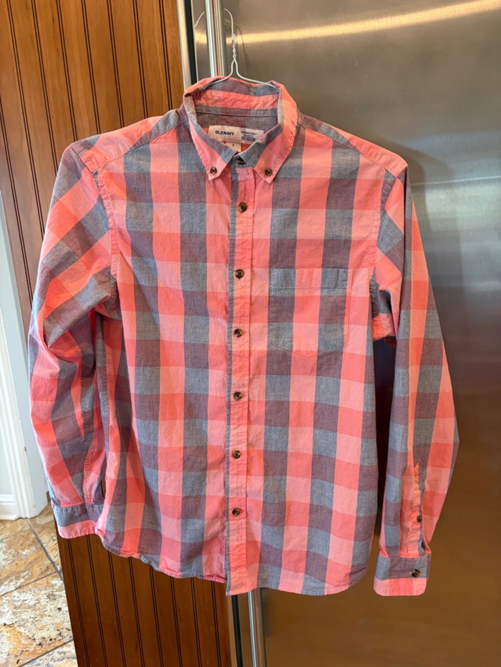Old Navy Coral Pink and Gray Check Button-Down Shirt